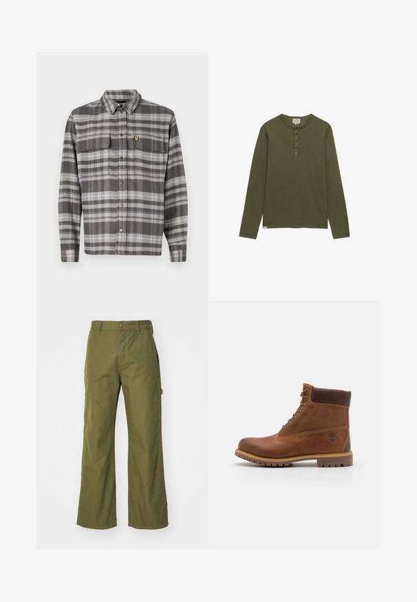 Camisa de cuadros grises con dos bolsillos en el pecho, cierre de botones y acento de logo amarillo. La tela tiene un acabado texturizado y un diseño de cuello clásico.; Camisa henley de manga larga en verde oliva con cuatro botones negros y cuello redondo, mostrada sobre un fondo blanco.; Pantalones de pernera ancha en verde oliva, confeccionados con una tela resistente, que presentan un cierre de botón, bolsillos laterales y un diseño de dobladillo recto.; Botas de senderismo de cuero marrón con un acabado suave, tobillo acolchado, ojales de metal y suela de goma con un patrón de tracción robusto.
