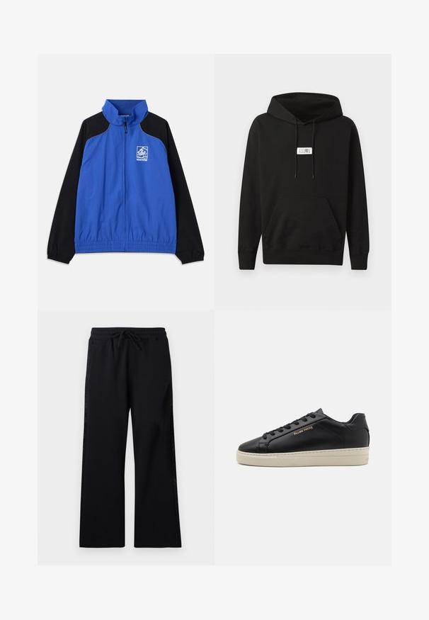 Sinine ja must tuulekindel jakk kõrge kraega, elastsete mansettide, ees oleva lukuga, küljetaskute ja logoga rinnal. Sile kangakoe tekstuur.; Mustast puuvillahoodie, millel on ees suur tasku, reguleeritav kapuuts ja väike valge silt rinnal.; Les Benjamins Dresside alumine osa - black; Must have nahkased jalatsid sujuva viimistlusega, kontrastse kreemja talla, ümarate varvastega, kuldse logoga külgedel ja kuue silmaga nööride jaoks.