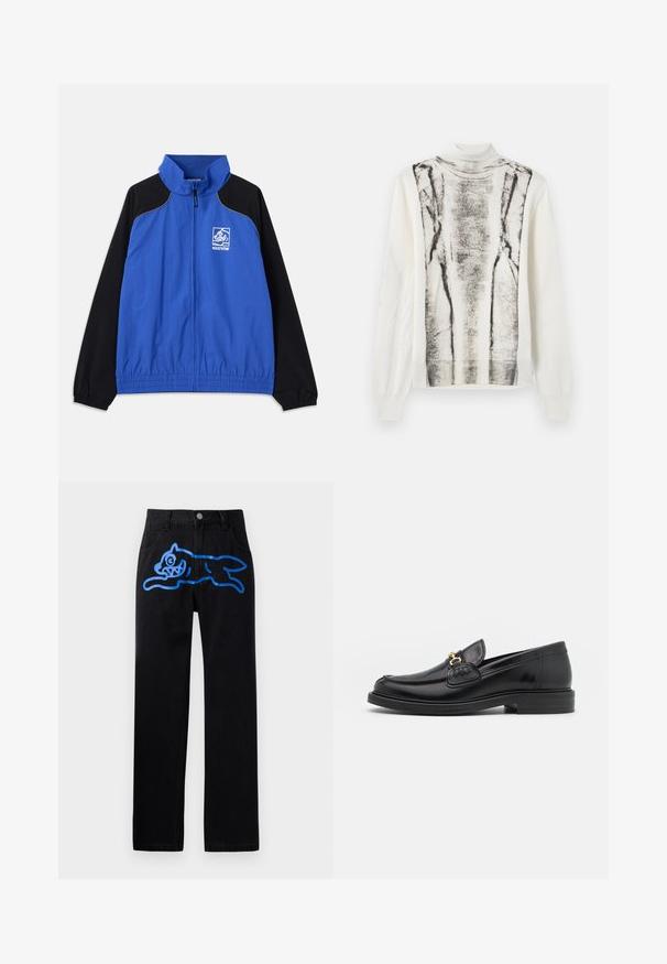 Blauwe en zwarte windbreakerjas met hoge kraag, elastische manchetten, voorrits, zijzakken en logo op de borst. Glad textuur van de stof.; Lichtgewicht crème trui met een hoge hals. Heeft een zwart en grijs abstract patroon aan de voorkant. Lange mouwen met geribde manchetten.; Zwarte denim broek met een relaxte pasvorm, met een levendige blauwe graphic van een springende kat aan de voorkant. Klassiek vijf-pocket ontwerp.; Zwarte leren instappers met een ronde neus, voorzien van een gouden hardware accent en stikdetails, geplaatst op een lage, getextureerde rubberen zool.