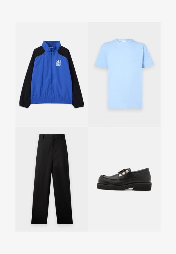 Blå og sort vindjakke med høj krave, elastiske manchetter, frontlynlås, sidelommer og logo på brystet. Glat stofstruktur.; Lyseblå kortærmet t-shirt lavet af blødt stof. Rund halsudskæring, lige kant og minimal tekstur. Ingen mønstre eller detaljer.; Sorte bukser lavet af bomuld med lige ben-design, der har en frontknaplukning og sidelommer. Glat tekstur, ingen mønstre.; Sorte læder loafers med rund tå, der har tre metalliske detaljer og en tekstureret sål for godt greb. Glat overdel og syet detalje.