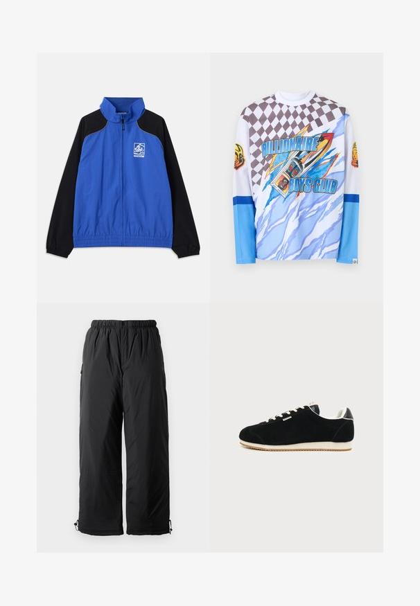 Veste coupe-vent bleu et noir avec col haut, poignets élastiques, fermeture éclair devant, poches latérales et logo sur la poitrine. Texture de tissu lisse.; Chemise à manches longues avec texte "Billionaire Boys Club", motif à carreaux en haut, design abstrait bleu et blanc, et patchs de casque d'astronaute sur les manches.; Pantalons isolés noirs avec taille élastique, dotés de poches latérales et de chevilles ajustables. Tissu lisse avec une finition légèrement brillante.; Baskets en daim noir avec semelle et lacets blancs, design bas et petite étiquette logo latérale sur fond gris clair uni.