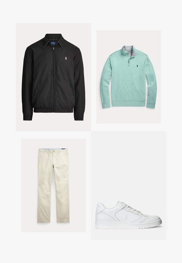 Čierna bunda na zips s golierom, bočnými vreckami, elastickým lemom a malým bielym logom Polo Ralph Lauren na ľavej strane hrude.; Svetlozelená mikina s štvrťzipsom, sivým vnútorným golierom a tmavomodrým logom na hrudi, vyrobená z mäkkej, štruktúrovanej látky.; Béžové bavlnené nohavice s rovnými nohavicami, opaskové pútká, predné zapínanie na gombík, zips a bočné vrecká.; Biele kožené tenisky s hladkým povrchom, obsahujúce perforovanú špičku, šnúrkové uzatvorenie a vyšívané logo na boku. Biela gumová podrážka.