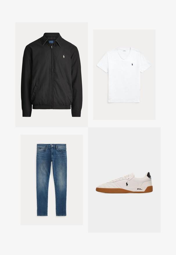 Zwarte jas met rits, kraag, zijzakken, elastische zoom en klein wit Polo Ralph Lauren-logo op de linkerborst.; Witte T-shirt met V-hals en korte mouwen, met klein marineblauw Polo Ralph Lauren-logo op de linkerborst, plat weergegeven op een lichte achtergrond.; Blauwe denim jeans met een slim fit, met een vervaagd effect, vijf zakken en een ritssluiting met een bovenste knoop. Opvallende stikseldetails.; Witte lage sneaker met een bruine rubberen zool, zwart Polo Ralph Lauren-logo aan de zijkant en de tekst "RL" op het hielgedeelte.