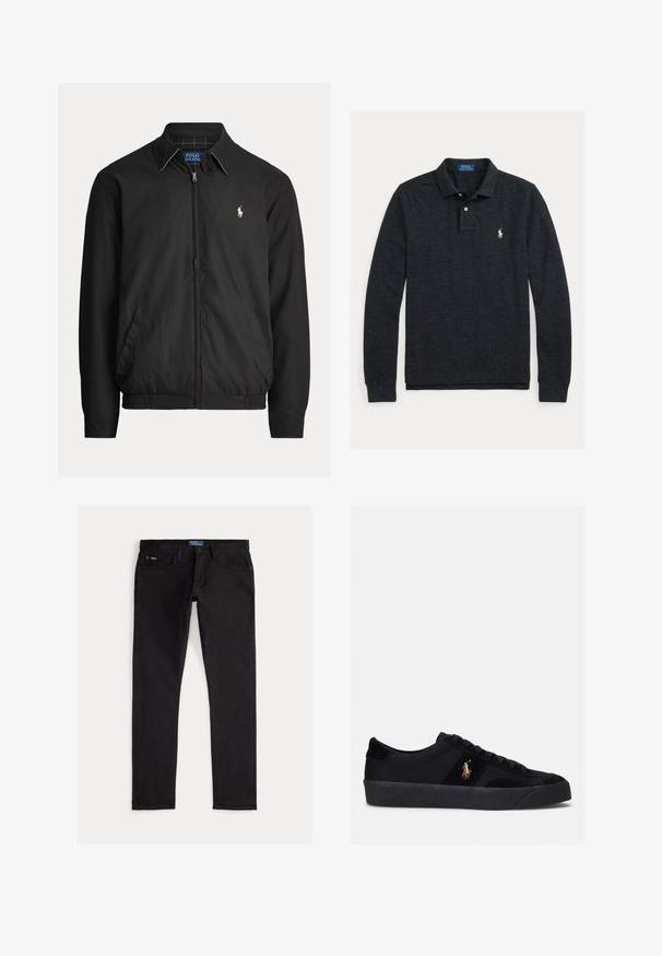 Sort lynlåstrøje med krave, sidelommer, elastisk kant og lille hvid Polo Ralph Lauren-logo på venstre bryst.; Mørkegrå langærmet polo-shirt med krave, to-knaps placket og hvidt broderet Polo Ralph Lauren-logo på venstre bryst.; Sorte denimjeans med slim pasform, der har fem lommer, bæltestropper og et blåt mærke på linningen. Glat, holdbart stof.; Sorte sneakers med overdel i stof og ruskind, rund tå, flad gummisål og broderet logo på siden. Snørebåndsdesign med seks snørehuller.