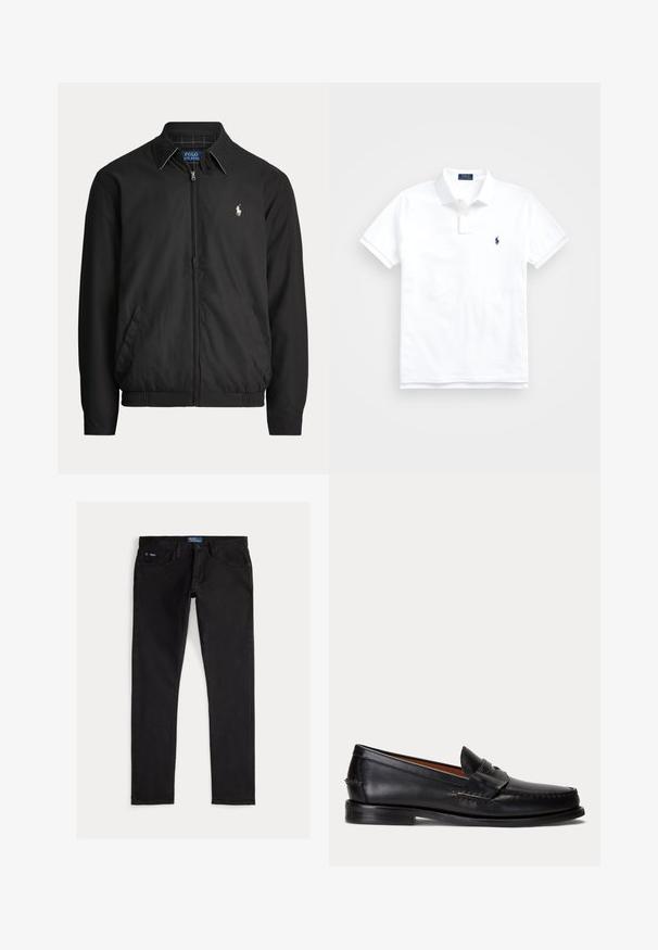 Mustast lukuga jakk kraega, küljetaskudega, elastse äärega ja väikese valge Polo Ralph Laureni logoga vasakul rinnal.; Valge lühikeste varrukatega polosärk, krae, kaks nööpi ja väike tumesinine tikitud logo vasakul rinnal.; Mustad teksapüksid kitsama lõikega, millel on viis taskut, vööaugud ja sinine brändi silt vööpealsel. Sile ja vastupidav kangas.; Mustast nahast loafer madala kontsa ja penny rihma detailiga, näidatud küljelt helehallil taustal.