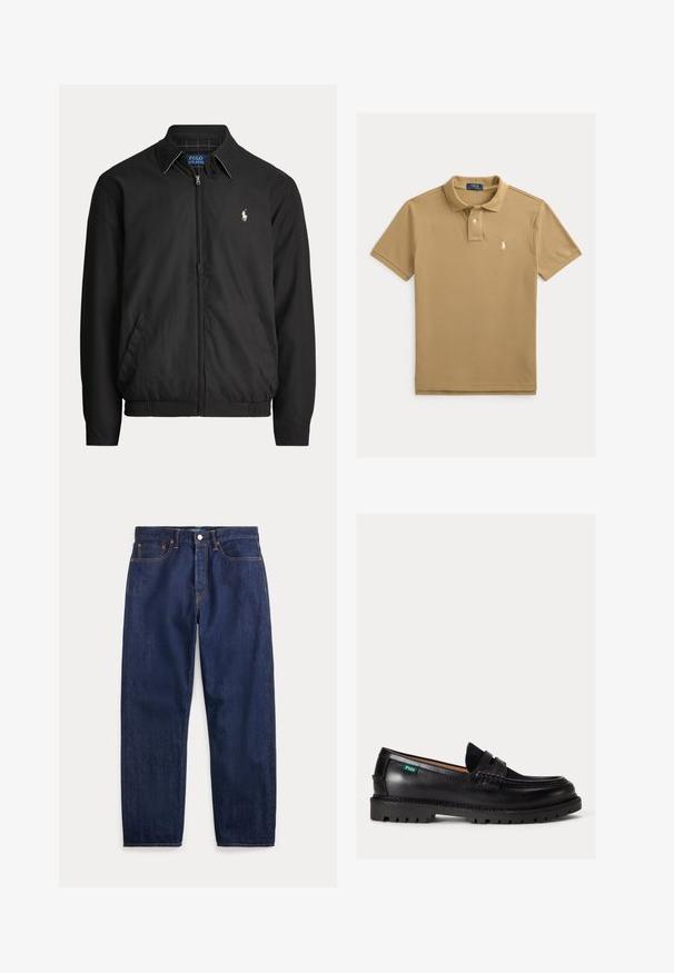 Čierna bunda na zips s golierom, bočnými vreckami, elastickým lemom a malým bielym logom Polo Ralph Lauren na ľavej strane hrude.; Béžové krátky rukáv polo tričko s golierom, dvoma gombíkmi a malým bielym vyšitým logom Polo Ralph Lauren na ľavej strane hrudníka.; Tmavomodré riflové nohavice s priamymi nohavicami, piatimi vreckami, zapínaním na gombíky a viditeľným šitím.; Čierny kožený loafer s hrubou podrážkou, zaoblenou špičkou a zelenou štítkom s logom Polo na boku.