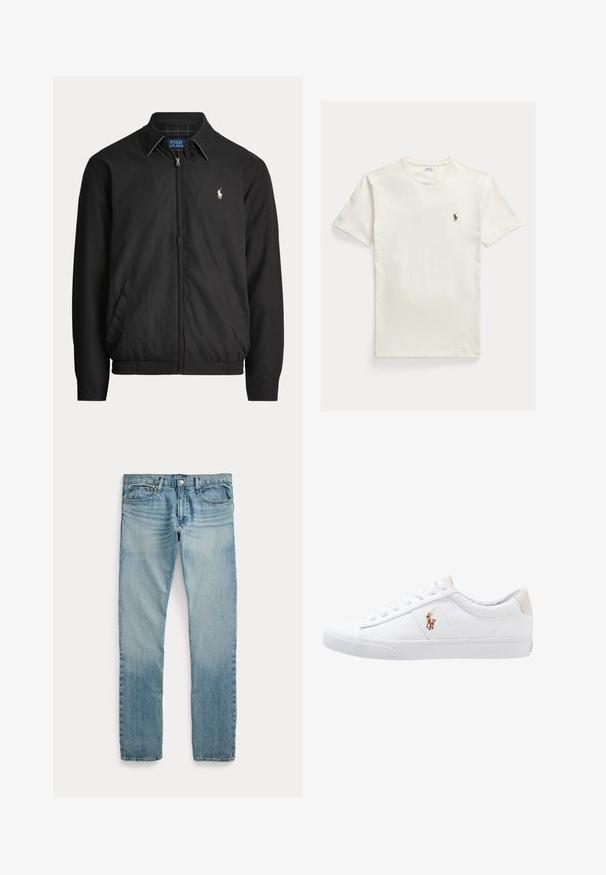 Sort lynlåstrøje med krave, sidelommer, elastisk kant og lille hvid Polo Ralph Lauren-logo på venstre bryst.; Enkel hvid T-shirt med korte ærmer og et lille broderet polospiller-logo på venstre bryst, lagt fladt på en lys baggrund.; Lyseblå straight-leg denimbukser med fem lommer, knaplukning og subtile falmede detaljer omkring lår og knæ.; Hvide kanvas sneakers med lågtop design, prydet med en beige hælkappe og et lille broderet logo på siden. Gummisål.