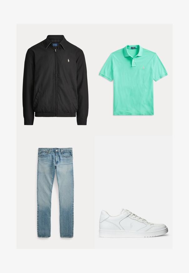 Zwarte jas met rits, kraag, zijzakken, elastische zoom en klein wit Polo Ralph Lauren-logo op de linkerborst.; Mintgroen kort mouw polohemd met kraag, twee knoopsluiting en een klein roze geborduurd logo op de borst.; Lichtblauwe rechte spijkerbroek met vijf zakken, knoopsluiting en subtiele vervaagde details rond de dijen en knieën.; Witte leren sneaker met een gladde textuur, voorzien van een geperforeerde neus, vetersluiting en geborduurde logo aan de zijkant. Witte rubberen zool.