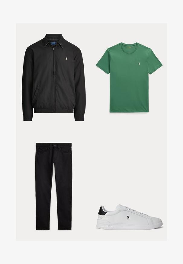 Čierna bunda na zips s golierom, bočnými vreckami, elastickým lemom a malým bielym logom Polo Ralph Lauren na ľavej strane hrude.; Zelené tričko s krátkym rukávom a okrúhlym výstrihom s malým bielym logom koníka Polo Ralph Lauren na ľavej strane hrudníka.; Čierne slim-fit džínsy s prednými a zadnými vreckami, pútkami na opasok a zapínaním na gombík a zips, položené na bielom pozadí.; Biela nízka teniska s čiernou pätovou pätkou, šnúrkami a logom Polo Ralph Lauren na boku, so zvýraznenými detailmi na podrážke.