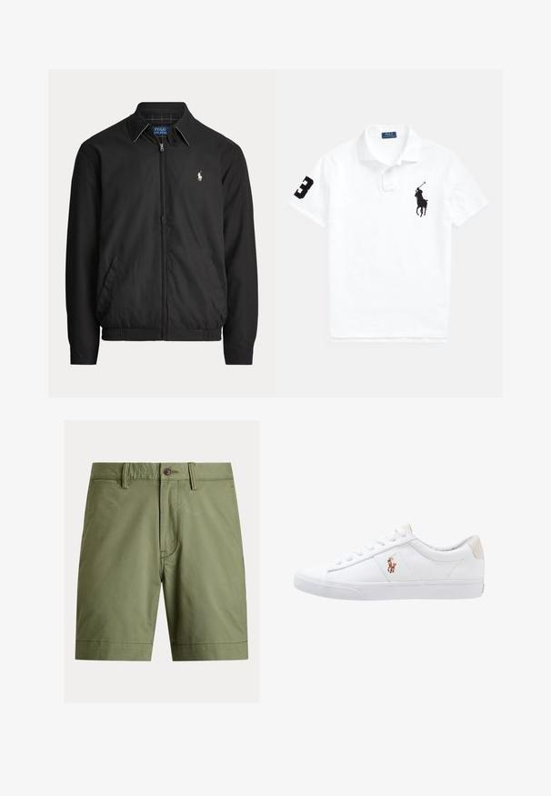 Čierna bunda na zips s golierom, bočnými vreckami, elastickým lemom a malým bielym logom Polo Ralph Lauren na ľavej strane hrude.; Biele polo tričko vyrobené z bavlny, s čiernym vyšívaným logom hráča póla a čiernym číslom "3" na ľavom rukáve. Klasický golier.; Krátke nohavice olivovej zelenej farby z bavlnenej zmesi, s gombíkovým zapínaním, pútkami na opasok a priamym strihom s olemovanými lemy.; Biele plátenné tenisky s nízkym strihom, ktoré majú béžový opasok na päte a malé vyšívané logo na boku. Gumová podrážka.