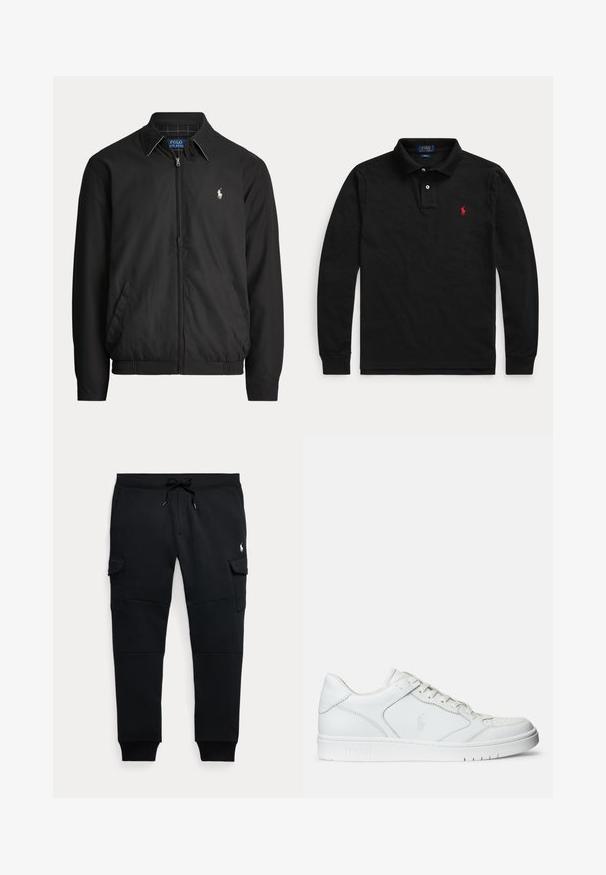 Čierna bunda na zips s golierom, bočnými vreckami, elastickým lemom a malým bielym logom Polo Ralph Lauren na ľavej strane hrude.; Čierna polokošeľa Polo Ralph Lauren s dlhým rukávom, golierom, dvojgombíkovou légou a červeným vyšívaným logom na ľavej strane hrudníka.; Čierne cargo jogger nohavice s šnúrkou v páse, bočné vrecká s chlopňou, rebrované manžety a malé biele logo hráča póla na pravej stehne.; Biele kožené tenisky s hladkým povrchom, obsahujúce perforovanú špičku, šnúrkové uzatvorenie a vyšívané logo na boku. Biela gumová podrážka.
