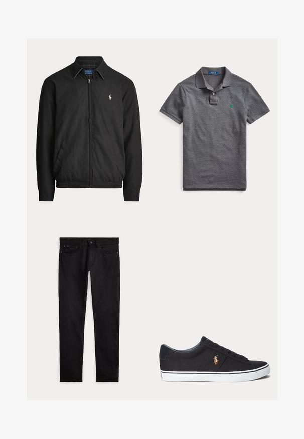 Čierna bunda na zips s golierom, bočnými vreckami, elastickým lemom a malým bielym logom Polo Ralph Lauren na ľavej strane hrude.; Sivá polokošeľa s krátkym rukávom, golierom, zapínaním na dva gombíky a zeleným vyšívaným logom na ľavej strane hrudníka od značky Polo Ralph Lauren.; Čierne slim-fit džínsy s prednými a zadnými vreckami, pútkami na opasok a zapínaním na gombík a zips, položené na bielom pozadí.; Čierna nízka teniska s bielou podrážkou a vyšitým logom hráča póla na boku, s šnurovaním a textúrovaným vrchným materiálom.