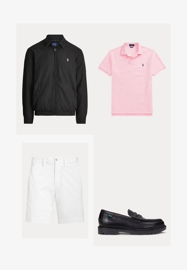 Čierna bunda na zips s golierom, bočnými vreckami, elastickým lemom a malým bielym logom Polo Ralph Lauren na ľavej strane hrude.; Svetloružové polo s krátkym rukávom, golierom a malým tmavomodrým vyšívaným logom na ľavej strane hrudníka.; Biele šortky po kolená s pútkami na opasok a hnedým gombíkom na zapínanie v páse, zobrazené na jednoduchom pozadí.; Čierny kožený mokasín s hrubou drsnou podrážkou a malou zelenou značkou "Polo" na vonkajšej strane pri päte.