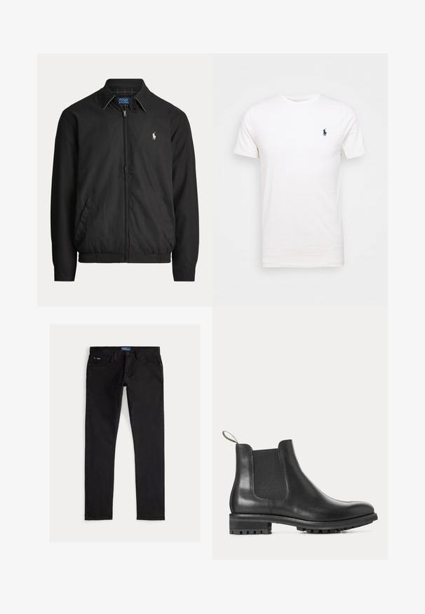 Čierna bunda na zips s golierom, bočnými vreckami, elastickým lemom a malým bielym logom Polo Ralph Lauren na ľavej strane hrude.; Biela bavlnená tričko s okrúhlym výstrihom. Na ľavej strane hrude je malé tmavomodré logo. Krátke rukávy, hladká textúra.; Čierne úzke džíny z denimu s piatimi vreckami, pútkami na opasok a modrou značkovou štítkom na páse. Hladká, odolná látka.; Čierna kožená Chelsea topánka s elastickými bočnými panelmi, ťahacou slučkou vzadu a ryhovanou gumovou podrážkou s nízkym podpätkom, zobrazená v profile.