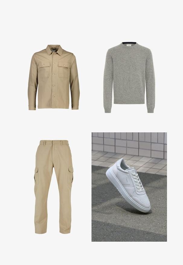 Veste en coton beige avec un col, deux poches poitrine, fermeture à boutons sur le devant, manches longues et texture uni.; Pull gris à col rond en tissu tricoté doux, avec des manches longues et des poignets et un ourlet côtelés. Design simple et classique dans l'ensemble.; Pantalons cargo beiges en toile de coton, dotés de plusieurs poches latérales, d'un design à jambes droites et d'une fermeture éclair avec passants de ceinture.; Baskets blanches en cuir lisse et en daim, avec des détails perforés, des lacets plats et une semelle rembourrée.
