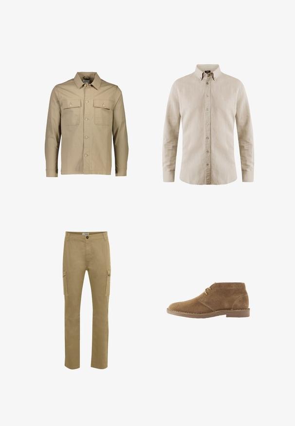 Chaqueta de camisa de algodón beige con cuello de solapa, dos bolsillos en el pecho, cierre frontal de botones, mangas largas y textura lisa.; Camisa de manga larga, color beige, hecha de tela texturizada con collar tipobutton-down y botones en la parte frontal; presenta un ajuste clásico y un diseño a medida.; Pantalones cargo marrones con corte recto, hechos de algodón resistente. Presentan bolsillos laterales, cierre de botón y detalles de refuerzo en las rodillas.; Zapato casual marrón de ante hasta el tobillo con dos ojales para cordones y suela cosida sobre fondo blanco, vista lateral.