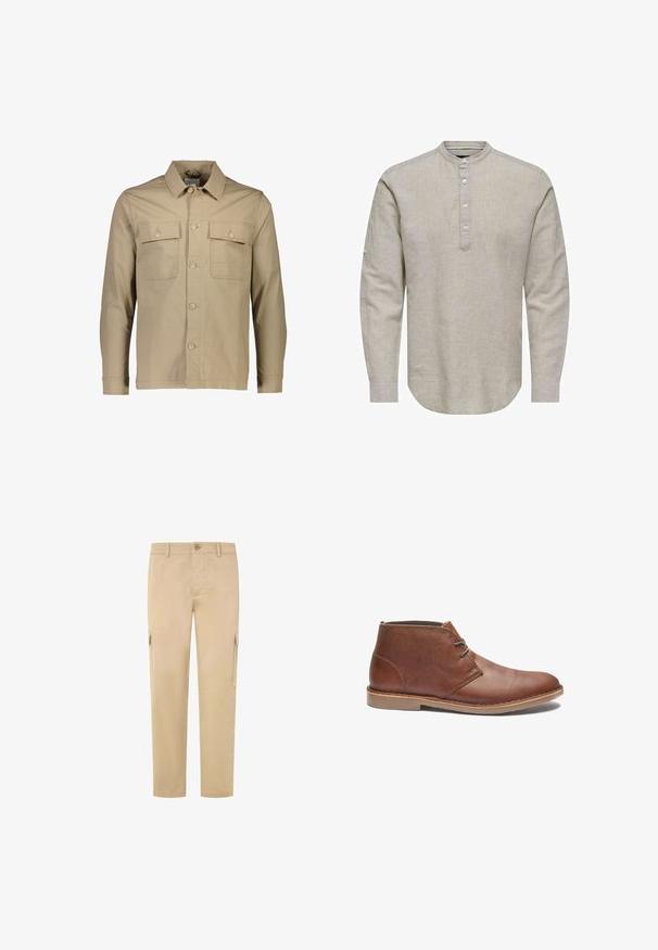 Beige katoenen shirt-jack met een kraaghals, twee borstzakken, knoopsluiting aan de voorkant, lange mouwen en een effen textuur.; Lichtbeige blouse met lange mouwen van linnen, met een ronde halslijn, knoopsluiting en afgeronde onderkant; heeft een subtiele textuur.; Beige cargobroek van katoen, met een rechte pijp, twee zijzakken en een knoopsluiting in de taille. Soepele textuur.; Bruine leren enkellaarzen met een strakke vormgeving, voorzien van een eenvoudige vetersluiting, een ronde neus en een rubberen zool. Soepele textuur met gestikte accenten.