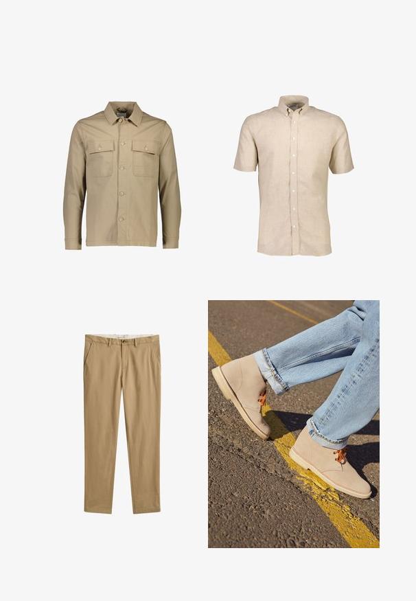 Beige Baumwollhemdjacke mit Kragen, zwei Brusttaschen, Knopfverschluss vorne, langen Ärmeln und schlichter Textur.; Kurzärmliges, knöpfbares Hemd aus leichtem beigefarbenem Leinen, mit klassischem Kragen und subtiler Textur sowie weißen Knöpfen auf der Vorderseite.; Beige, gerade geschnittene Freizeithosen mit Gürtelschlaufen, vorderem Knopf- und Reißverschluss sowie Seitentaschen, Vorderansicht.; Beige Wildleder-Ankelboots mit orangefarbenen Schnürsenkeln, runder Spitze und einer leichten Gummisohle, kombiniert mit hellblauen, umgeschlagenen Jeans.