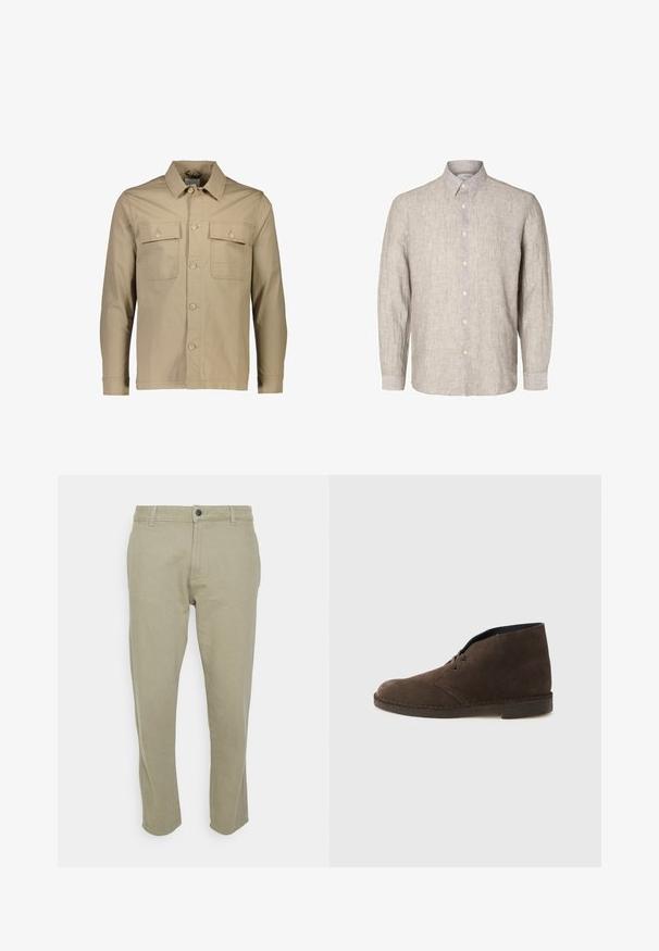 Beige katoenen shirt-jack met een kraaghals, twee borstzakken, knoopsluiting aan de voorkant, lange mouwen en een effen textuur.; Lichtgrijze linnen shirt met lange mouwen, een button-down kraag en knopen aan de voorkant. Geweven stof met een subtiel patroon.; Only & Sons ONSAVI BEAM - Chino - silver sage; Bruine suède enkellaars met twee veteroogjes, lage hak en gestikte zool op een effen lichtgrijze achtergrond.