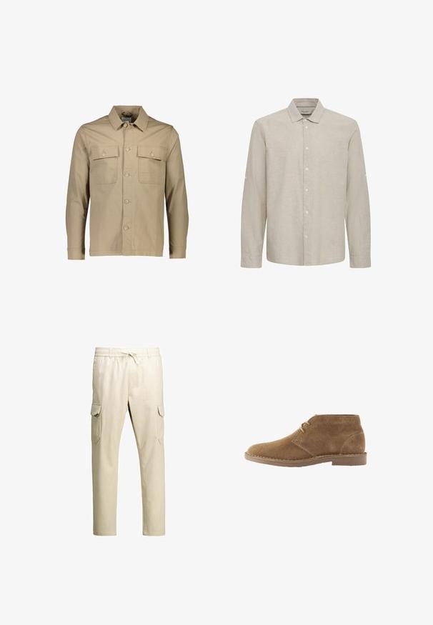 Beige bomuldsskjortejakke med krave, to brystlommer, knaplukning foran, lange ærmer og ensartet tekstur.; Blend BHABAN - Skjorter - crockery; Beige afslappede cargobukser med elastisk talje, snøre og klaplommer på begge ben, vist på hvid baggrund.; Brun ruskind ankelhøj afslappet sko med to snørehuller og syet sål på hvid baggrund, set fra siden.