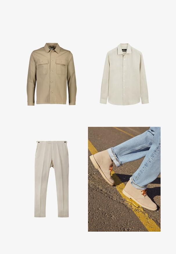 Beige bomuldsskjortejakke med krave, to brystlommer, knaplukning foran, lange ærmer og ensartet tekstur.; Beige langærmet skjorte med knapper, spids krave og manchetter, vist fladt mod en hvid baggrund.; Beige linnedragt med lige snit, der har to sidelommer og sorte knapdetaljer ved taljen. Glat, let tekstur.; Beige ruskind ankelstøvler med orange snørebånd, rund tå og en let gummisål, parret med opfoldede lyseblå denimjeans.