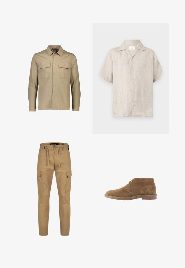 Beige bomuldsskjortejakke med krave, to brystlommer, knaplukning foran, lange ærmer og ensartet tekstur.; Beige kortærmet linnedskjorte med krave og knapper foran, med en synlig hvid label inde i kraven med teksten "NN.07".; Kaki cargo bukser med snøre i taljen, tætsiddende pasform og sidelommer; lavet af et let, tekstureret materiale.; Brun ruskind ankelhøj afslappet sko med to snørehuller og syet sål på hvid baggrund, set fra siden.