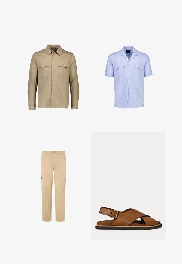 Veste en coton beige avec un col, deux poches poitrine, fermeture à boutons sur le devant, manches longues et texture uni.; Chemise en lin léger, à manches courtes, de couleur bleu clair, avec col français, deux poches poitrine et fermeture à boutons sur le devant. Texture lisse, design décontracté.; Pantalons cargo beiges en coton, avec une coupe droite, deux poches latérales et une fermeture à bouton à la taille. Texture lisse.; Sandale en cuir marron avec des brides croisées, boucle réglable sur la bride arrière et semelle noire avec détail de surpiqûres beige.