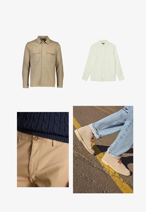 Beige Baumwollhemdjacke mit Kragen, zwei Brusttaschen, Knopfverschluss vorne, langen Ärmeln und schlichter Textur.; Langärmliges weißes Hemd mit Knopfleiste, spitzem Kragen und Manschetten, flach auf weißem Hintergrund dargestellt.; Nahaufnahme von beigen Hosen mit Knopfverschluss kombiniert mit dem Saum eines marineblauen, kabelgestrickten Pullovers.; Beige Wildleder-Ankelboots mit orangefarbenen Schnürsenkeln, runder Spitze und einer leichten Gummisohle, kombiniert mit hellblauen, umgeschlagenen Jeans.