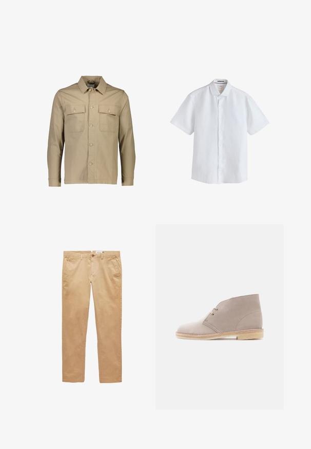 Beige katoenen shirt-jack met een kraaghals, twee borstzakken, knoopsluiting aan de voorkant, lange mouwen en een effen textuur.; Wit overhemd met korte mouwen en knopen, met een klassieke kraag, gemaakt van lichtgewicht stof, afgebeeld op een effen witte achtergrond.; Beige rechte katoenen broek met ceintuurlussen, voorzakken en een knoopsluiting.; Beige suède enkellaars met vetersluiting met twee oogjes, crêpezool en lage gestapelde hak, getoond vanaf de zijkant tegen een effen achtergrond.