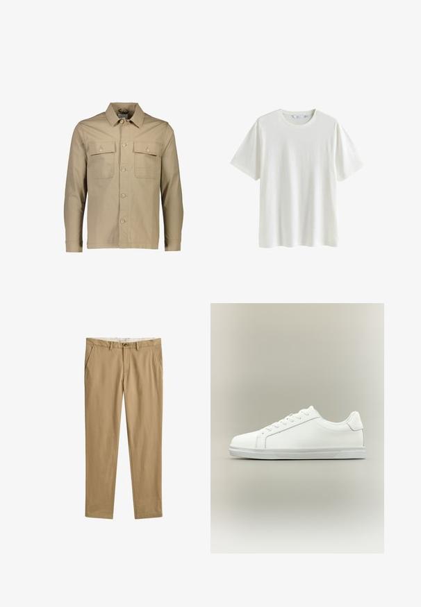 Chaqueta de camisa de algodón beige con cuello de solapa, dos bolsillos en el pecho, cierre frontal de botones, mangas largas y textura lisa.; Camiseta blanca lisa de manga corta y cuello redondo, mostrada sobre un fondo blanco, talla mediana, con etiquetas de ropa visibles dentro del cuello.; Pantalones beige casual de pierna recta con trabillas para cinturón, cierre frontal con botón y cremallera, y bolsillos laterales, vista frontal.; Zapatilla blanca de caña baja con cordones al frente y suela de goma texturizada sobre un fondo neutro y sencillo.