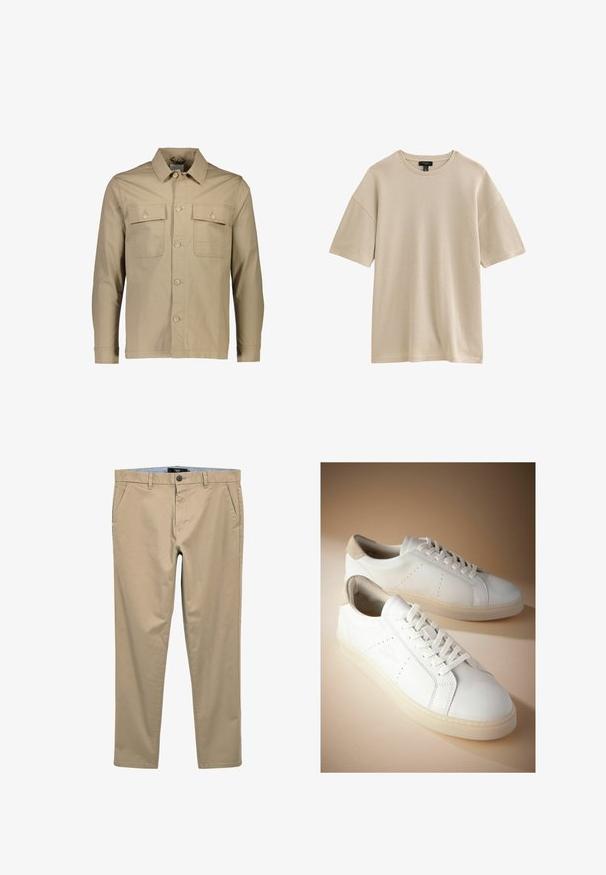 Chaqueta de camisa de algodón beige con cuello de solapa, dos bolsillos en el pecho, cierre frontal de botones, mangas largas y textura lisa.; Camiseta beige de punto acanalado con mangas cortas, cuello redondo y ajuste relajado, mostrada sobre un fondo blanco.; Chinos beige hechos de una mezcla de algodón; presenta bolsillos frontales, un cierre de botón y un diseño de pierna recta. Textura suave y mate.; Zapatillas blancas de cuero con una lengüeta de talón de ante beige texturizado. Presentan un diseño de cordones, perforaciones mínimas y una suela gruesa y translúcida.