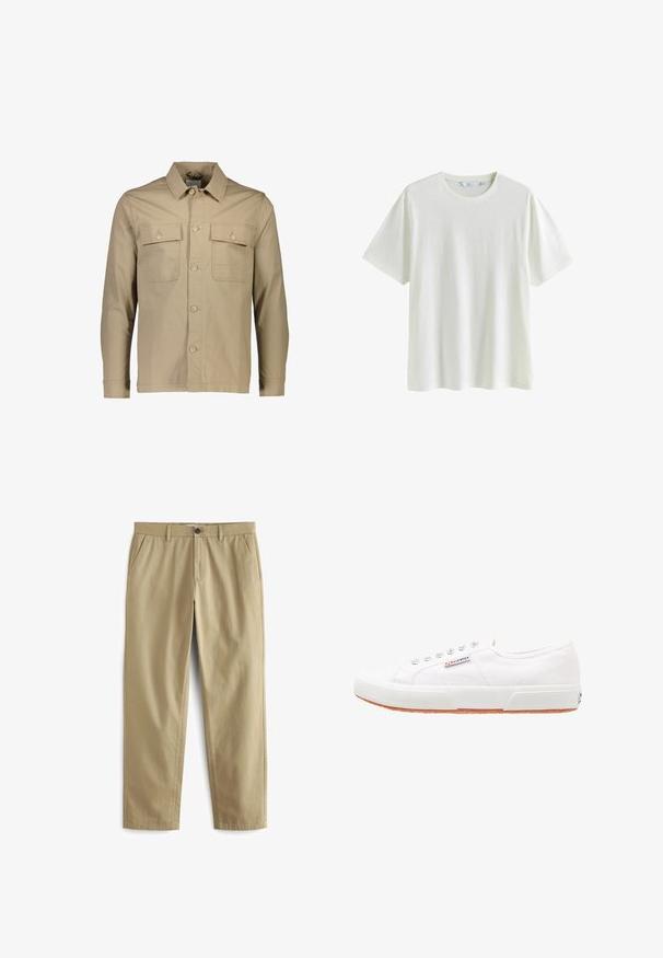 Beige bomuldsskjortejakke med krave, to brystlommer, knaplukning foran, lange ærmer og ensartet tekstur.; Enkelt hvid T-shirt med korte ærmer og rund hals, vist på en hvid baggrund, medium størrelse, i bomuldsstof.; Beige bukser lavet af en bomuldsblanding, med knaplukning, to forlommer og lige ben med minimal tekstur.; Hvide kanvas sneakers med gummisål, snørebåndsdesign og et lille logo mærke på siden. Tekstureret hvid overdel og brun ydersål.