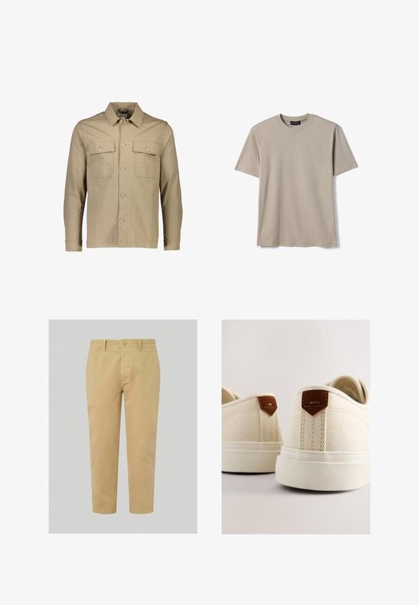 Chaqueta de camisa de algodón beige con cuello de solapa, dos bolsillos en el pecho, cierre frontal de botones, mangas largas y textura lisa.; Camiseta beige de manga corta y cuello redondo con un diseño sencillo y una pequeña etiqueta de la marca en el interior del cuello.; Chinos caqui con un diseño de pierna recta, que cuentan con un cierre de botón en la parte delantera, trabillas para el cinturón y un tejido de algodón suave. Largo recortado.; Zapatillas de lona en color crema con acabado texturizado, que presentan detalles en cuero marrón en el talón y una suela de goma.