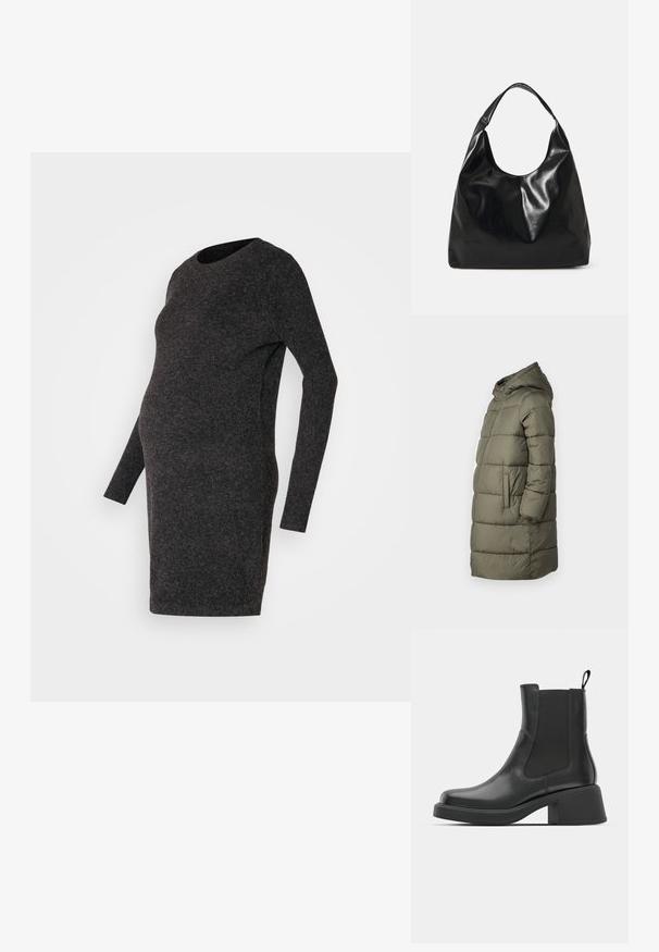 Damen Steppjacke in Olivgrün. Mit Kapuze, durchgehendem Reißverschluss, zwei Seitentaschen und einem gesteppten Design mit horizontalen Nähten.; Dunkelgraues, langärmliges Schwangerschafts-kleid. Hergestellt aus weichem Stoff, mit tailliertem Design, runder Ausschnitt, knielanger Schnitt und glatter Textur.; Schwarze Leder-Stiefeletten mit elastischen Seitenpanelen, abgerundetem Zehenbereich und einem klobigen Blockabsatz. Glatte Textur mit einem minimalistischen Design.; Schwarze Leder-Hobo-Tasche mit einer weichen, glänzenden Textur und einem runden, offenen Oberteil. Verfügt über einen breiten, gebogenen Tragegurt. Keine sichtbaren Beschläge.