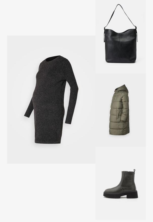 Dame puffer jakke i olivengrøn. Har hætte, hel lynlås, to sidelommer og et quiltet design med vandret syninger.; Mørkegrå, langærmet ventedragt. Lavet af blødt stof, tætsiddende design med rund halsudskæring, knælængde og glat tekstur.; Sorte ankelstøvler med en glat syntetisk overdels, elastiske sidepaneler, en hævet kant og en kraftig gummisål.; Sort læder skuldertaske med en glat tekstur, rund top, enkelt strop og minimalistisk design uden synligt hardware.