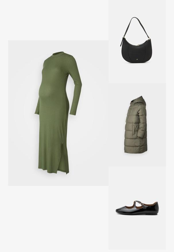 Dame puffer jakke i olivengrøn. Har hætte, hel lynlås, to sidelommer og et quiltet design med vandret syninger.; Ribbet, langærmet gravidkjole i olivengrøn. Har en høj hals og sideslids for øget komfort og stil.; Sort laklæder Mary Jane-flad sko med to udskæringer og en guldbuckelrem på hvid baggrund.; Sort læderhåndtaske med en buet form, struktureret overflade, forreste syninger og et logo i guldfarve. Har en enkelt justerbar rem.