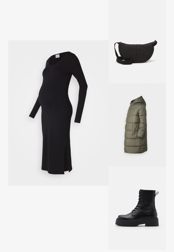 Dame puffer jakke i olivengrøn. Har hætte, hel lynlås, to sidelommer og et quiltet design med vandret syninger.; Sort langærmet graviditetskjole, tætsiddende pasform, scoop halsudskæring, sideslids for lethed, lavet af blødt, strækbart stof.; Sorte læder ankelstøvler med rund tå, snørebånd foran og en tyk gummisål med struktureret slidbane. Hæfteløkke bagpå.; Sort skuldertaske med en rund silhuet. Lavet af tekstureret stof, med lynlåslukning og et vævet bånd. Enkel, minimalistisk design.