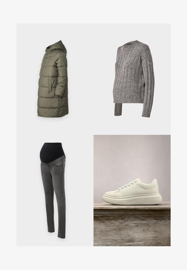 Dame puffer jakke i olivengrøn. Har hætte, hel lynlås, to sidelommer og et quiltet design med vandret syninger.; Grå ribstrikket sweater med rund hals og lange ærmer, der har sidelæg ved kanten for ekstra komfort og pasform.; Graviditetsbukser med en sort strækbart midjebånd, grå denimkrop, slim-fit design og lommer. Har en glat tekstur og rene linjer.; Hvid lædersneakers med rund tå, glat tekstur og kontrasterende snørebånd. Har ventilationshuller og en tyk gummisål for komfort.