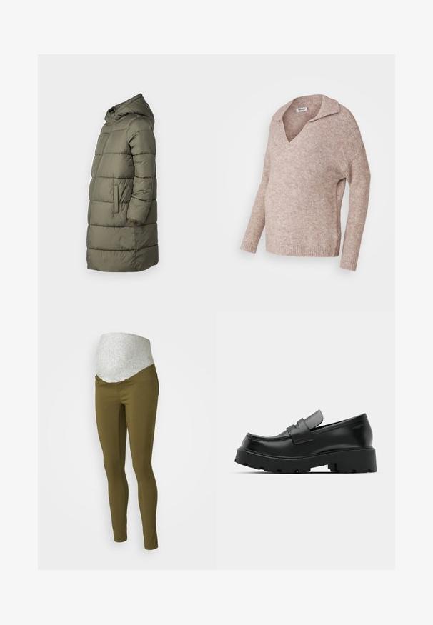 Dame puffer jakke i olivengrøn. Har hætte, hel lynlås, to sidelommer og et quiltet design med vandret syninger.; Lyse beige, strikket sweater med V-hals og krave. Blød tekstur, lange ærmer, afslappet pasform og ribbede kantdetaljer.; Olivenfarvede graviditetsleggings med en grå strækpanel i taljen, slim-fit design og ingen synlige detaljer eller lommer.; Sorte læder loafers med en chunky tekstureret sål, der har en rem over vamps og en glat, poleret finish.