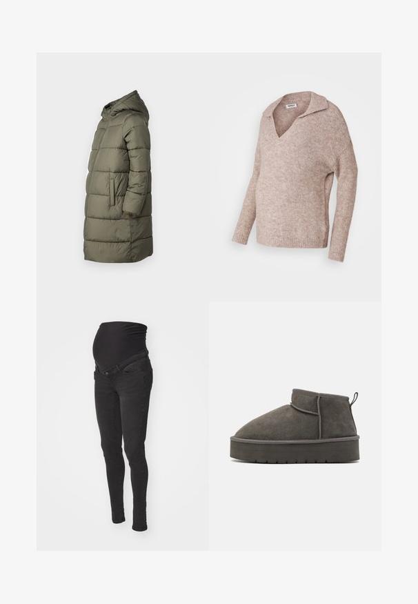 Dame puffer jakke i olivengrøn. Har hætte, hel lynlås, to sidelommer og et quiltet design med vandret syninger.; Lyse beige, strikket sweater med V-hals og krave. Blød tekstur, lange ærmer, afslappet pasform og ribbede kantdetaljer.; Sorte graviditetsjeans med en blød, strækbar talje, slim-fit design og to frontlommer. Fremstillet af denim med en glat overflade.; Grå ruskinds ankelstøvler med rund tå, kort skaft og en tyk gummisål. Har en løkke til at trække i bagpå og tonale syninger.