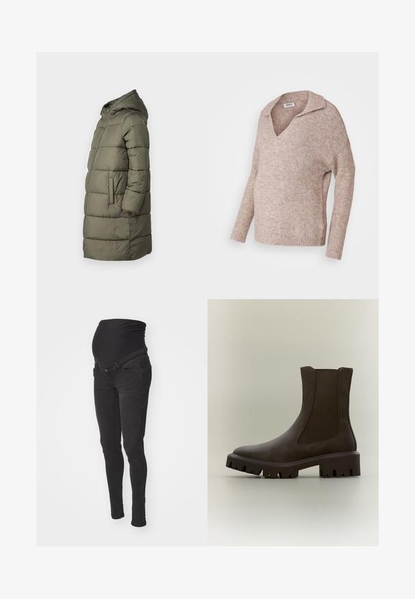 Dame puffer jakke i olivengrøn. Har hætte, hel lynlås, to sidelommer og et quiltet design med vandret syninger.; Lyse beige, strikket sweater med V-hals og krave. Blød tekstur, lange ærmer, afslappet pasform og ribbede kantdetaljer.; Sorte graviditetsjeans med en blød, strækbar talje, slim-fit design og to frontlommer. Fremstillet af denim med en glat overflade.; Mørkebrun læderankelstøvle med elastisk sidepanel og kraftig gummisål, vist i profil på neutral baggrund.