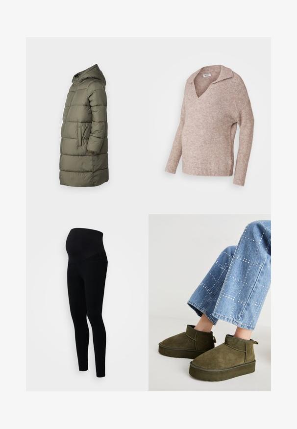 Dame puffer jakke i olivengrøn. Har hætte, hel lynlås, to sidelommer og et quiltet design med vandret syninger.; Lyse beige, strikket sweater med V-hals og krave. Blød tekstur, lange ærmer, afslappet pasform og ribbede kantdetaljer.; Sorte graviditetsleggings med høj talje for støtte, tætsiddende design og blødt, strækbart stof for komfort.; Oliven grøn ruskinds ankelstøvler med en tyk, struktureret sål og en pull tab. Kombineret med lyseblå, udsmykkede denim jeans.