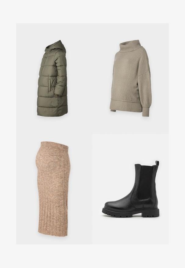 Dame puffer jakke i olivengrøn. Har hætte, hel lynlås, to sidelommer og et quiltet design med vandret syninger.; Lys grå striktrøje med en høj ribbet halsudskæring og ribbede manchetter. Løs pasform med en blød tekstur, der har sænket skuldersømme.; Brun ribbet nederdel med elastisk talje, knælang, med en glat tekstur og ensartet mønster, vist fra siden mod en hvid baggrund.; Svarte læder ankelstøvler med elastiske sidepaneler, en rund tå og en robust sål med udtalte skridsikre riller.