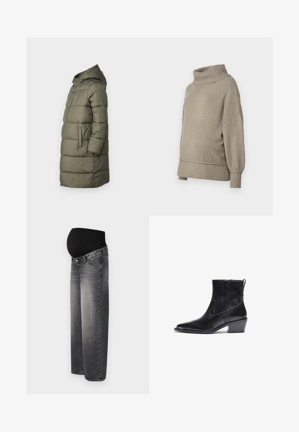 Dame puffer jakke i olivengrøn. Har hætte, hel lynlås, to sidelommer og et quiltet design med vandret syninger.; Lys grå striktrøje med en høj ribbet halsudskæring og ribbede manchetter. Løs pasform med en blød tekstur, der har sænket skuldersømme.; Graviditetsjeans i falmet sort denim med en strækbar sort talje for støtte. Vidde ben design med standard forlommer.; Sort læder ankelstøvle med spids tå og lav blokhæl. Funktioner inkluderer en sidelukning med lynlås og minimale syninger for et elegant design.