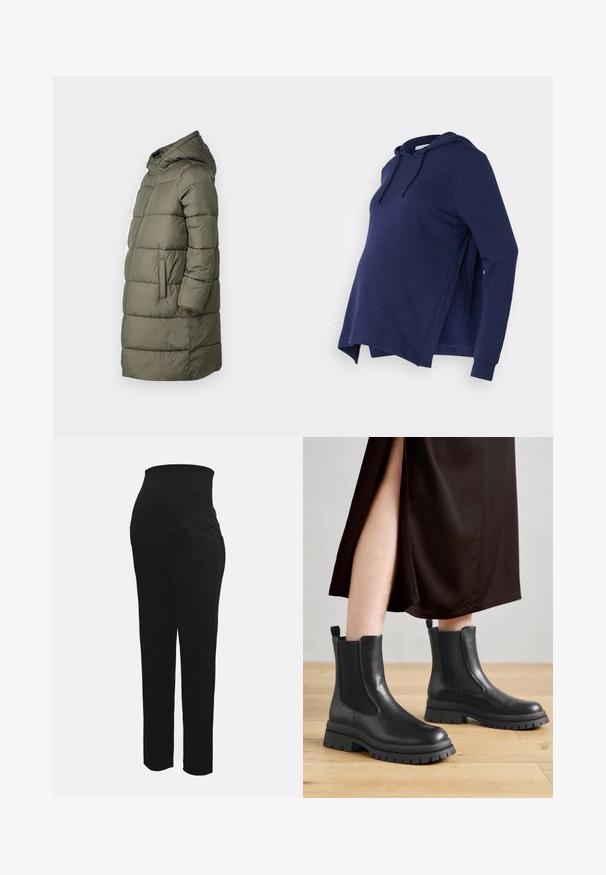 Damen Steppjacke in Olivgrün. Mit Kapuze, durchgehendem Reißverschluss, zwei Seitentaschen und einem gesteppten Design mit horizontalen Nähten.; Marineblaue Umstandshoodie mit Kängurutasche, langen Ärmeln, verstellbarem Kordelzug-Kapuze und Seitenschlitzen für zusätzlichen Komfort.; Schwarze Schwangerschaftshosen mit dehnbarem hohen Bund, der einen schwangeren Bauch unterstützt, gerade Beinform und vorderen Taschen.; Schwarze Leder-Stiefeletten mit elastischen Seitenpaneelen, groben Gummisohlen und Laschen an der Ferse; kombiniert mit einem dunkelbraunen Midikleid.