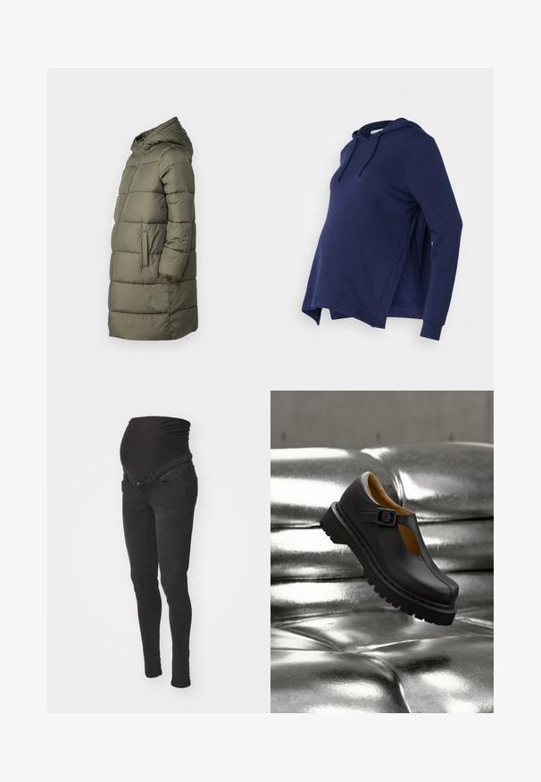 Manteau matelassé pour femmes en vert olive. Doté d'une capuche, d'une fermeture éclair sur toute la longueur, de deux poches latérales et d'un design matelassé avec des coutures horizontales.; Sweatshirt de maternité bleu marine avec une poche kangourou, des manches longues, un capuchon ajustable à cordon de serrage et des fentes sur les côtés pour un confort supplémentaire.; Jean de maternité noir avec une taille douce et extensible, un design ajusté et deux poches avant. Fabriqué en denim avec une texture lisse.; Chaussure Mary Jane en cuir noir avec une semelle épaisse rainurée et une bride à boucle, flottant au-dessus d'une surface argentée brillante matelassée.