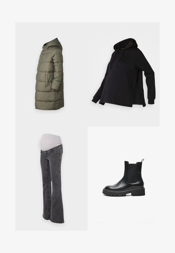 Dame puffer jakke i olivengrøn. Har hætte, hel lynlås, to sidelommer og et quiltet design med vandret syninger.; Sort sweatshirt med hætte, med sideskår og lange ærmer. Fremstillet af blødt stof, tilbyder den en afslappet pasform for komfort.; Graviditetsjeans med en tætsiddende grå strækbund, flared ben og en mørkegrå denimfinish, der har standard syninger og lommer.; Sort læder Chelsea-støvle med elastiske sidelapper, rund tå, kraftig gummisål og en trækkrog ved hælen.