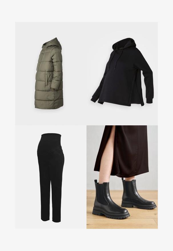 Dames pufferjas in olijfgroen. Voorzien van een capuchon, een rits over de volle lengte, twee zijzakken en een gestikt ontwerp met horizontale stiksels.; Zwarte sweatshirt met een capuchon, voorzien van zijsplitten en lange mouwen. Gemaakt van zachte stof, biedt het een relaxte pasvorm voor comfort.; Zwarte materniteitspantalons met een rekbare hoge tailleband, ontworpen om een zwangere buik te ondersteunen, met een recht gesneden pijp en voorzakken.; Zwarte leren enkellaarsjes met elastische zijpanelen, grove rubberen zolen en hiel-lusstabs; gecombineerd met een donkerbruine midijurk.