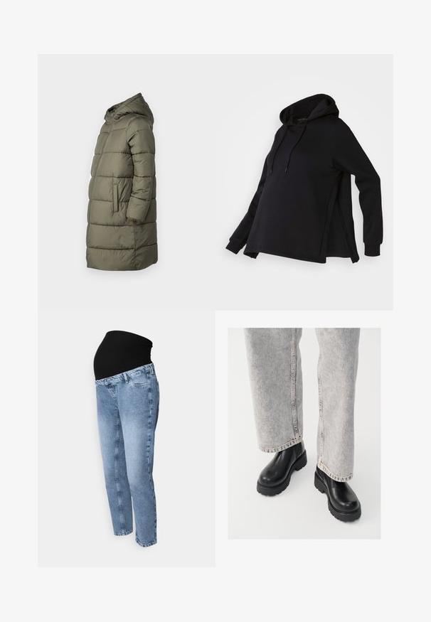 Damen Steppjacke in Olivgrün. Mit Kapuze, durchgehendem Reißverschluss, zwei Seitentaschen und einem gesteppten Design mit horizontalen Nähten.; Schwarzer Kapuzenpullover mit seitlichen Schlitzen und langen Ärmeln. Hergestellt aus weichem Material, bietet er eine lockere Passform für Komfort.; Umstandshosen mit einem schwarzen, dehnbaren Bund und hellblauem Denim. Gerades Bein Design mit klassischem Fünf-Taschen-Stil und ausgewaschenem Look.; Vagabond COSMO - Plateaustiefelette - black