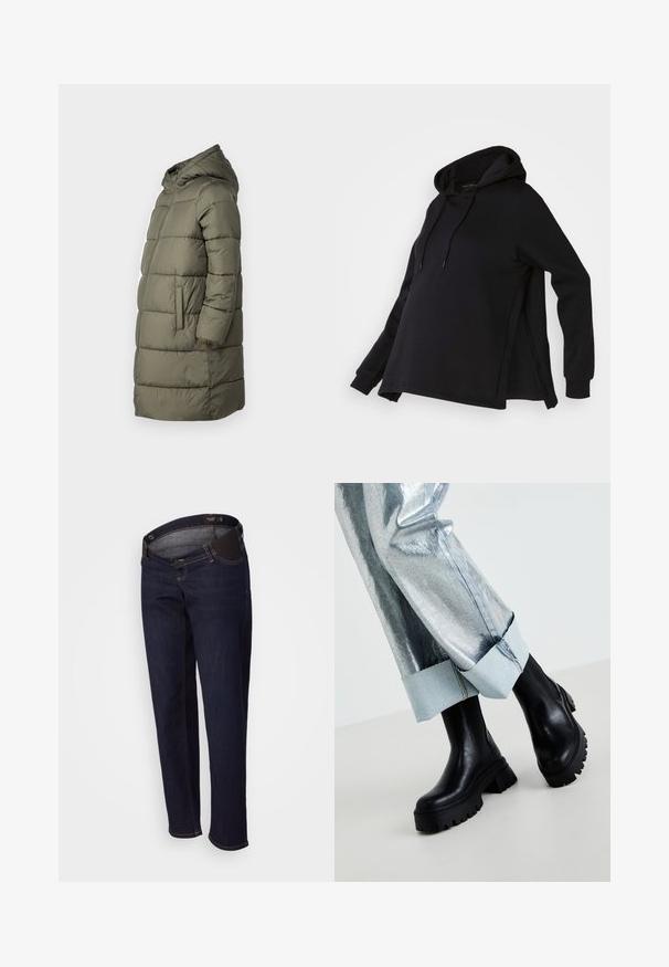 Damen Steppjacke in Olivgrün. Mit Kapuze, durchgehendem Reißverschluss, zwei Seitentaschen und einem gesteppten Design mit horizontalen Nähten.; Schwarzer Kapuzenpullover mit seitlichen Schlitzen und langen Ärmeln. Hergestellt aus weichem Material, bietet er eine lockere Passform für Komfort.; Dunkelblaue Jeans aus Denim mit geradem Schnitt, sichtbaren Fronttaschen und kontrastierendem Stich an den Beinen. Ein elastischer Bund ist enthalten.; Schwarze klobige Knöchelstiefel mit strukturierten Sohlen, getragen mit silbernen metallischen Hosen, die einen hellen Denim-Bund umfassen. Minimalistisches Design, elegante Materialien.